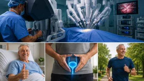 Tecnología utilizada durante una cirugía robótica de próstata en quirófano moderno