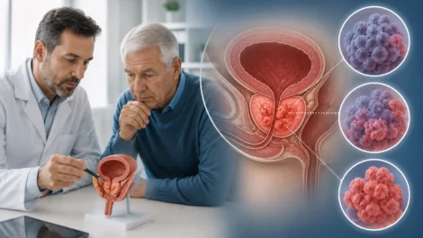 Explicación médica sobre los diferentes tipos y avance del cáncer de próstata