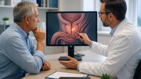Consulta médica sobre diagnóstico y opciones de tratamiento para cáncer de próstata